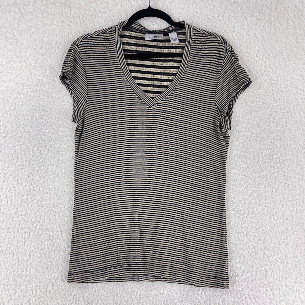 Chico's Black Striped Short Sleeve Shirt‎ Womens Made In USA VTG Casual Size M